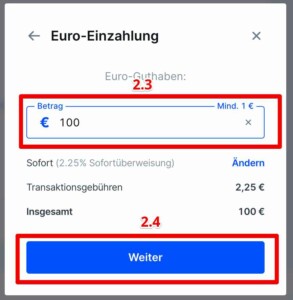 Einzahlungsbetrag eingeben bei Bitvavo